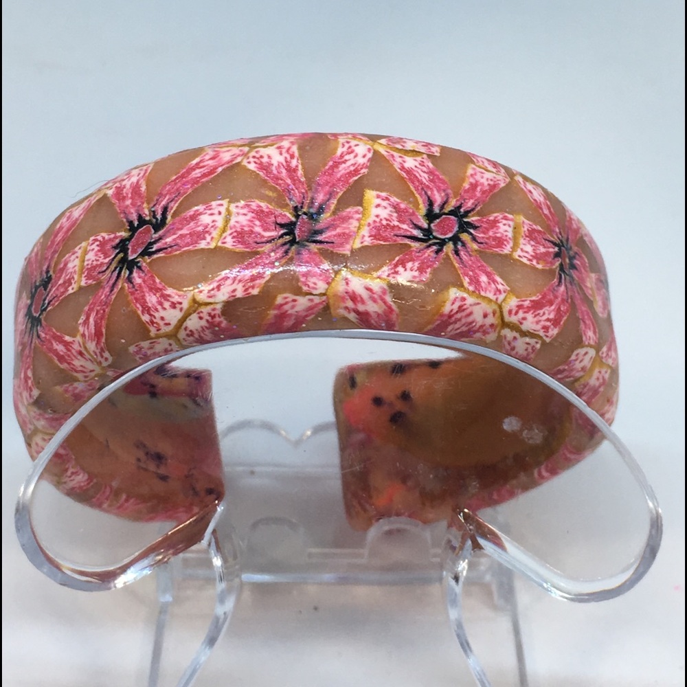 Handmade Polymer Clay Cuff Bracelet, Unique Polymer Clay Flower Bracelet - Picture 1 of 3